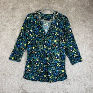Attitudes by Renee Blouse Womens Large Blue Green Pullover Stretch V Neck- 4033